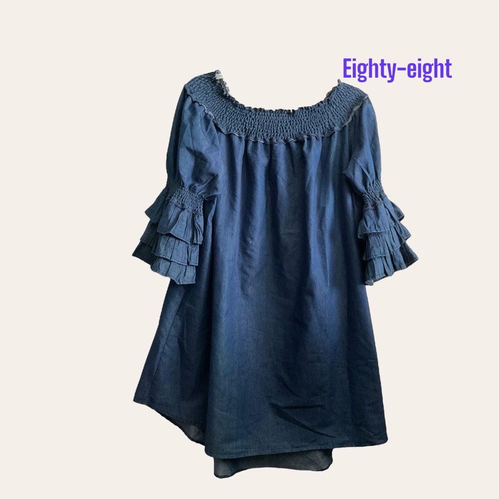 Eighty-eight Women Dark Blue Chambray Denim Dress Top Pleasant Ruffle Plus Sz 3X